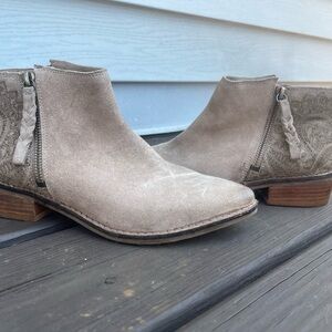 Naughty Monkey suede ankle booties light tan with embossed design